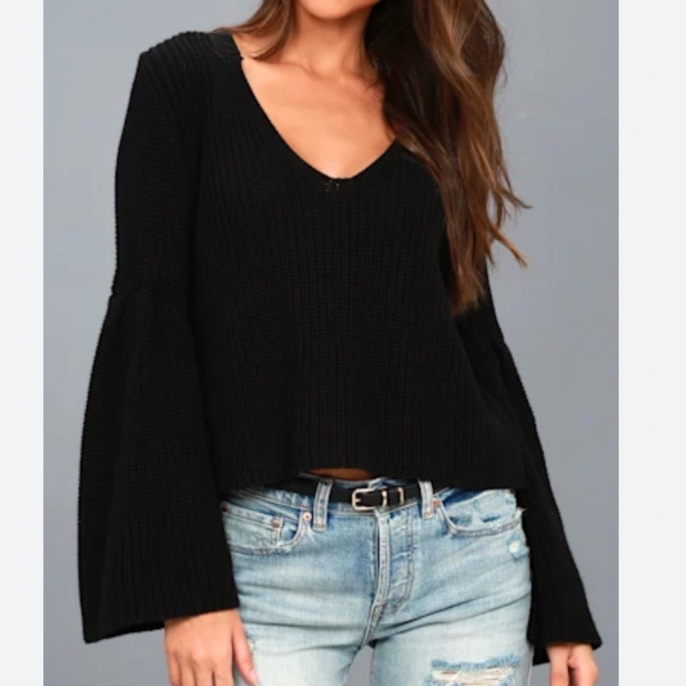 Free People Damsel Black Bell Sleeve Knit Cotton Sweater Black Size Small